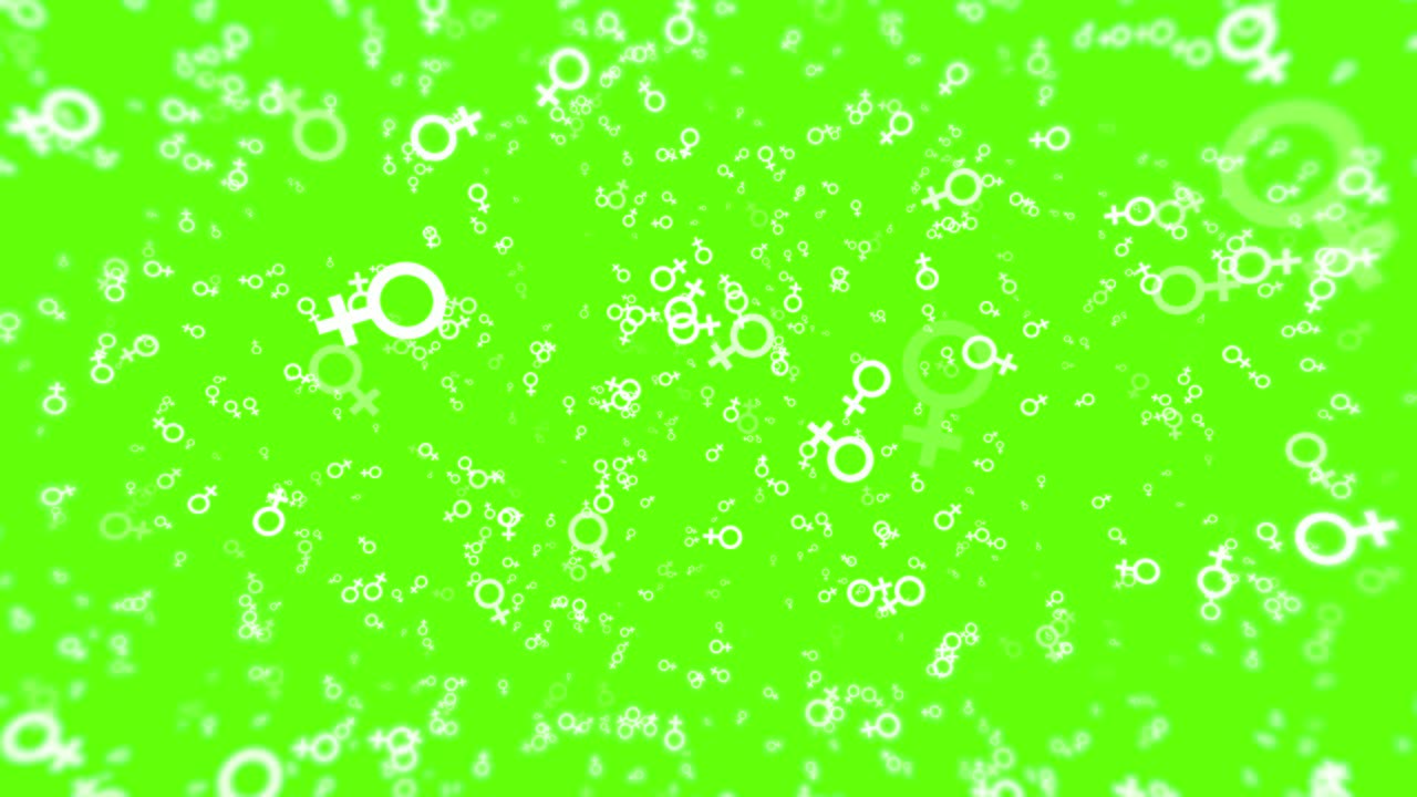una gran cantidad de símbolos femeninos blancos de venus caen en una pantalla verde. signos de género elementos animados en un simple fondo de bucle sin costuras
