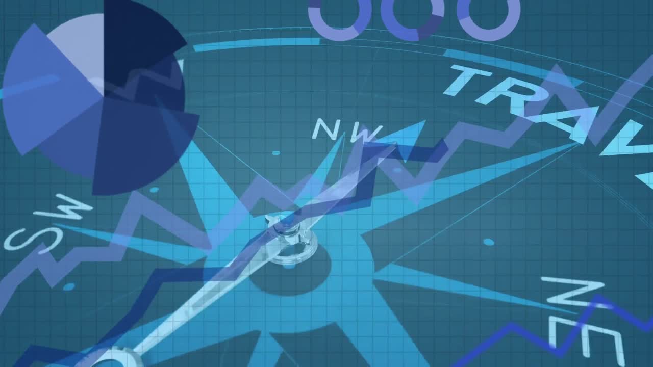 여행 텍스트에 바늘이 움직이는 나침반 위의 통계 및 데이터의 애니메이션