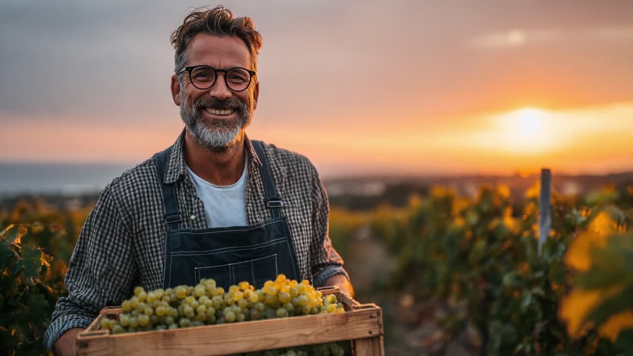 A Joyful Vineyard Harvest: A Smiling Man Holding a Basket of Fresh Grapes at Sunset in a Lush Vineyard with a Beautiful Sky