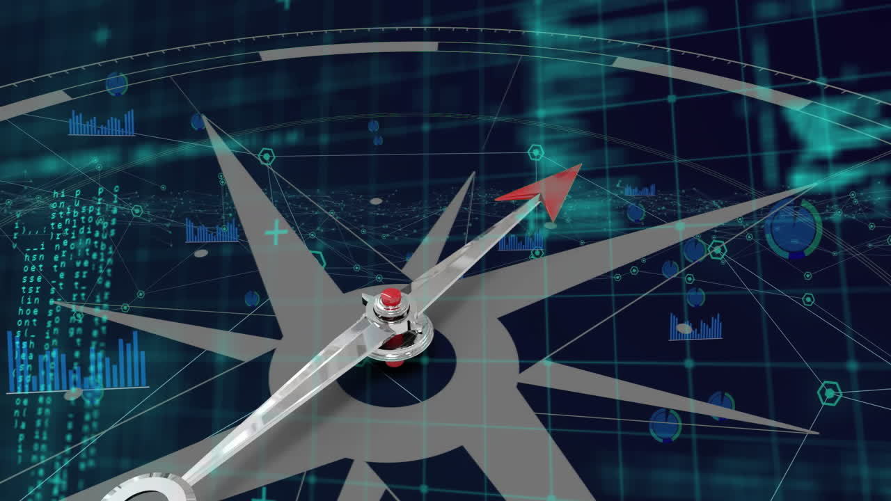 animación de la brújula y la red de conexiones a través del procesamiento de datos en fondo negro