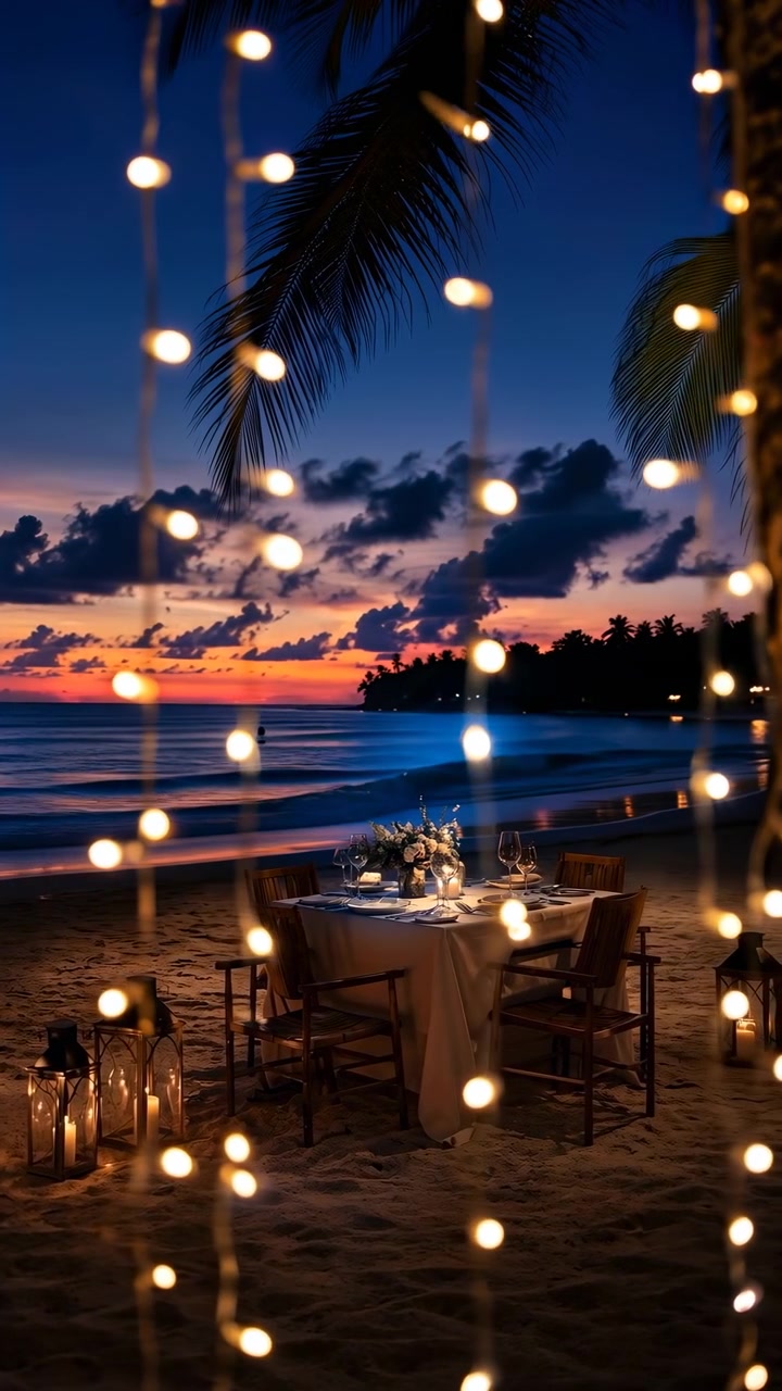 Cena elegante de jantar à beira-mar em uma praia de areia durante um pôr do sol colorido, com mesa para quatro pessoas, luzes de corda brilhantes, velas, lanternas, copos e taças, palmeiras tropicais, horizonte calmo do oceano e resort acolhedor.