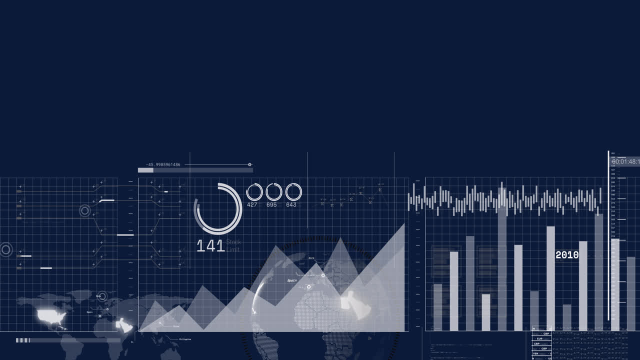 animación del procesamiento de datos financieros en todo el mundo sobre un fondo azul
