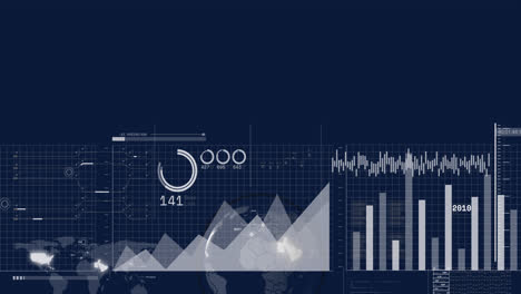 animation of financial data processing over globe on blue background