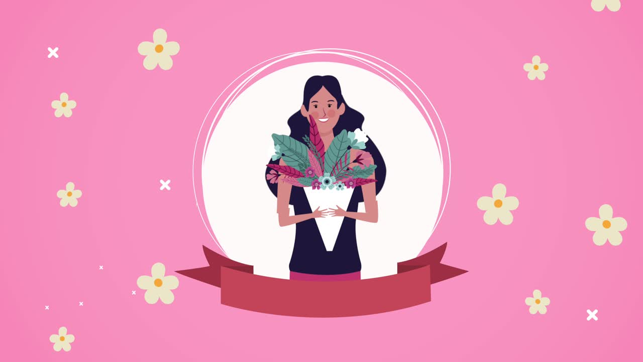 여자와 함께 행복한 여성의 날 카드 원형 프레임에서 꽃을 들어 올리는