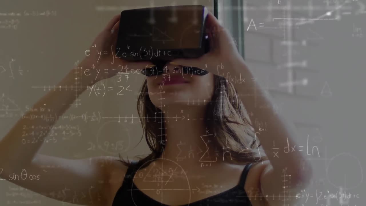animación de dibujos matemáticos y ecuaciones sobre mujer usando auriculares vr
