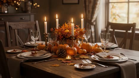 a beautifully set autumn table featuring pumpkins, candles, and fall decor, capturing the essence of cozy gatherings and seasonal celebrations