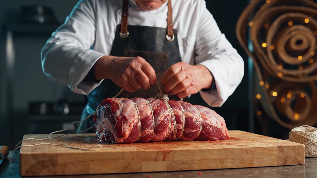 Uno chef lega abilmente un succulento taglio di carne con spago su un tagliere di legno, preparandolo per la cottura in un ambiente di cucina caldo