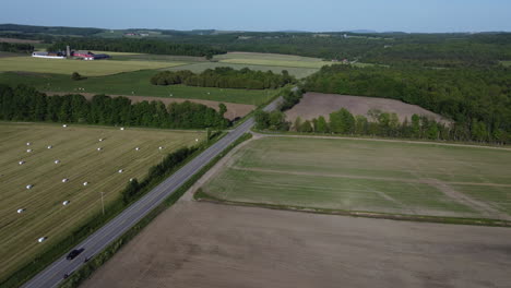 drone shot over fields around coaticook quebec canada