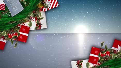 Animation-of-presents-and-snow-falling-over-winter-scenery