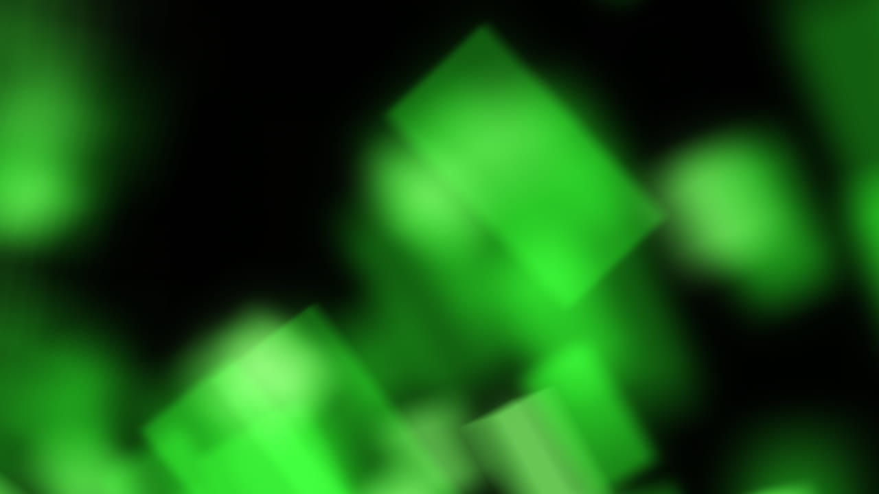 Green Glowing Abstract Square Particles Passing By on Black Background. Concept of Data Sharing Technology Computer Network Digital Highway. 3D Asset.
