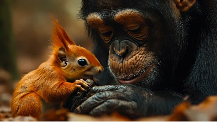 Un chimpancé y una ardilla comparten un momento. Un chimpancé se sienta en el suelo con una ardilla. Se miran el uno al otro, creando un vínculo interesante en el bosque.
