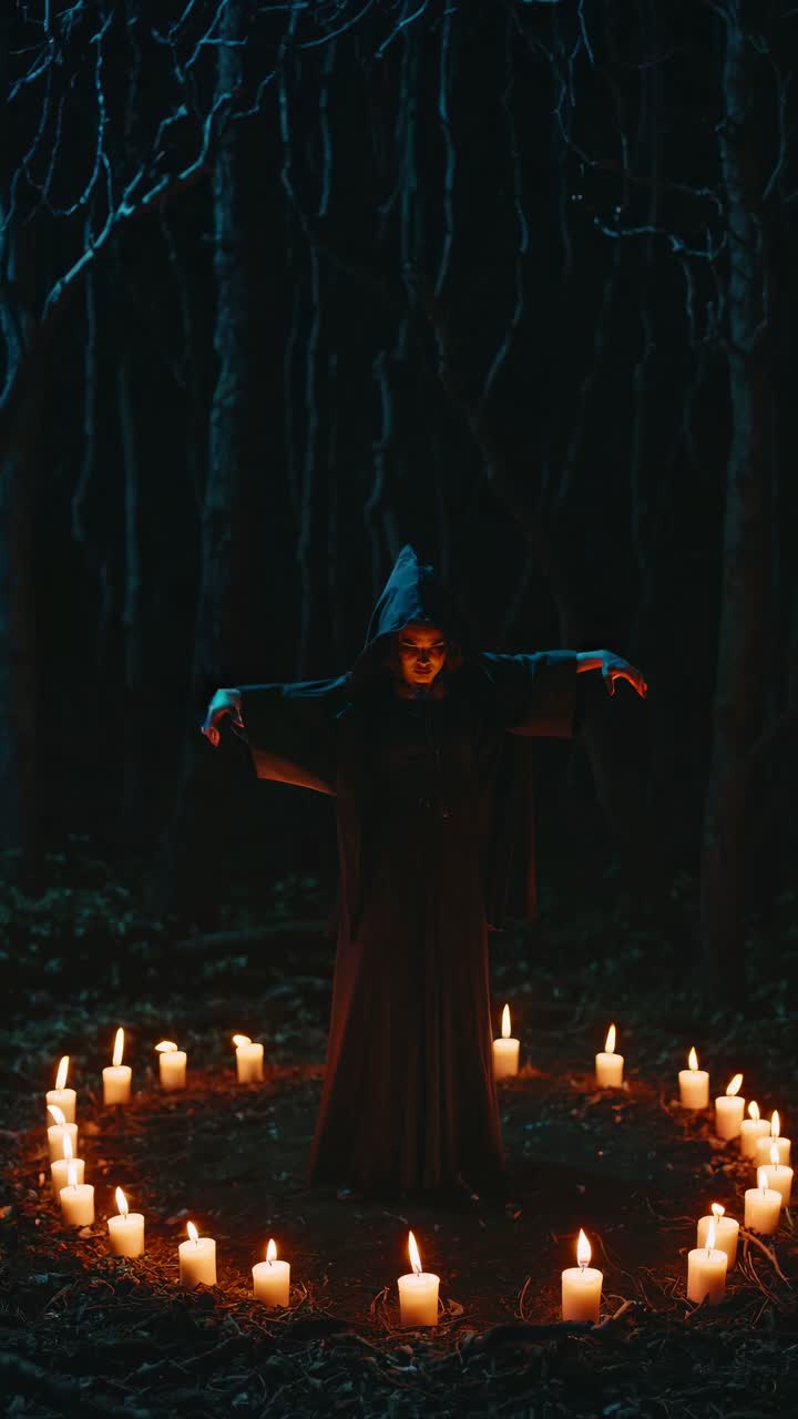 Aerial view of a hooded figure reading a book, surrounded by candles in a dark forest