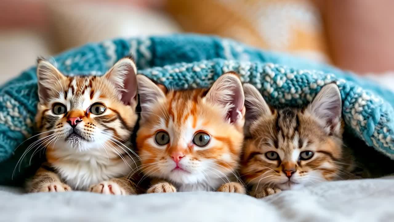 Tres gatitos acostados sobre una manta.