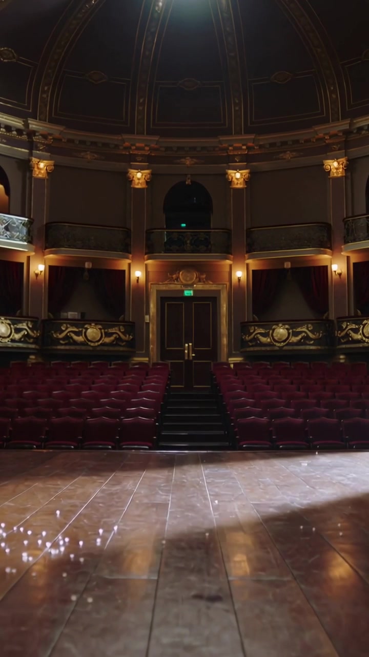 Video verticale: Telecamera panoramica che reagisce al cambio di illuminazione per rivelare il palco e la balconata.