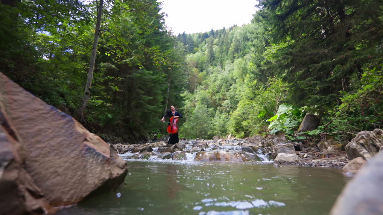 Beautiful woman with cello near the water. Female musician performing music at the river in the forest. Cellist plays the musical instrument in nature.