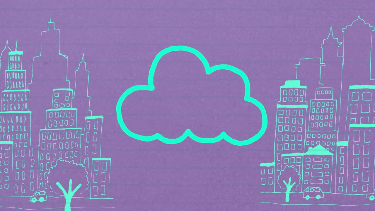 animación del icono de la nube de contorno azul dibujado a mano con un marcador sobre fondo púrpura