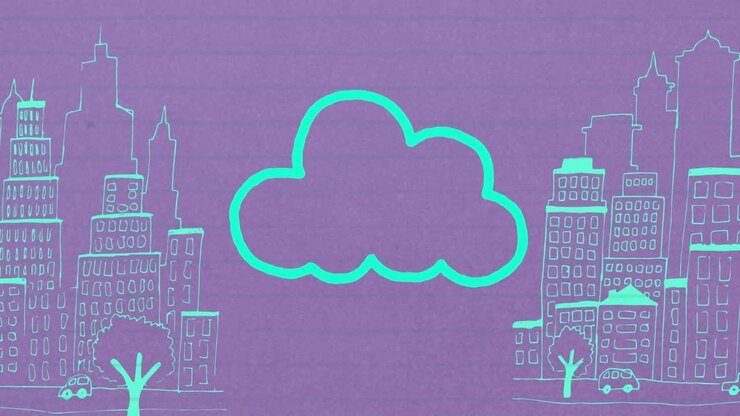 Animation of blue outline cloud icon hand drawn with a marker on purple background
