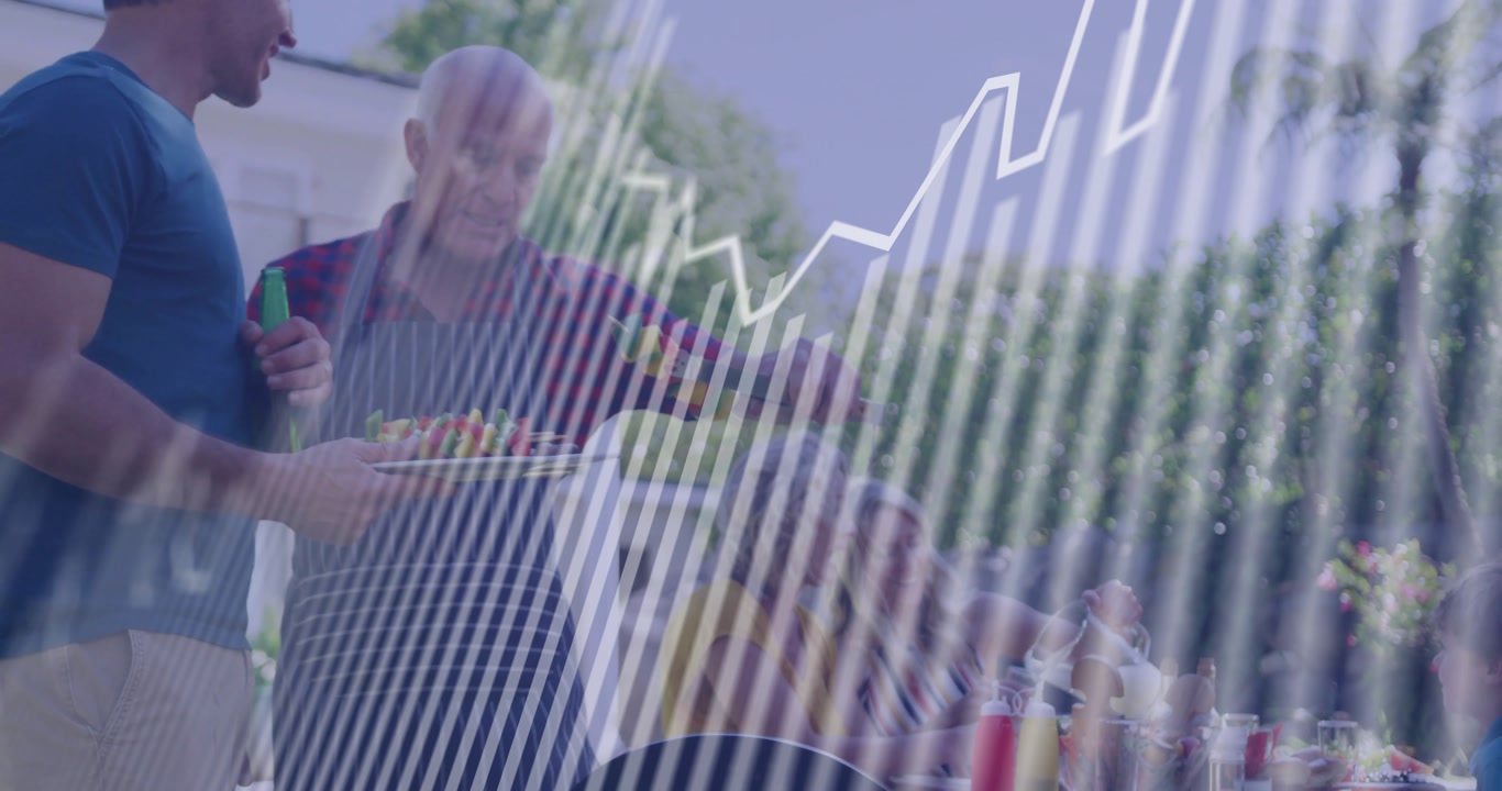two men flipping skewers on grill, initiating vertical bars and line chart showing business growth