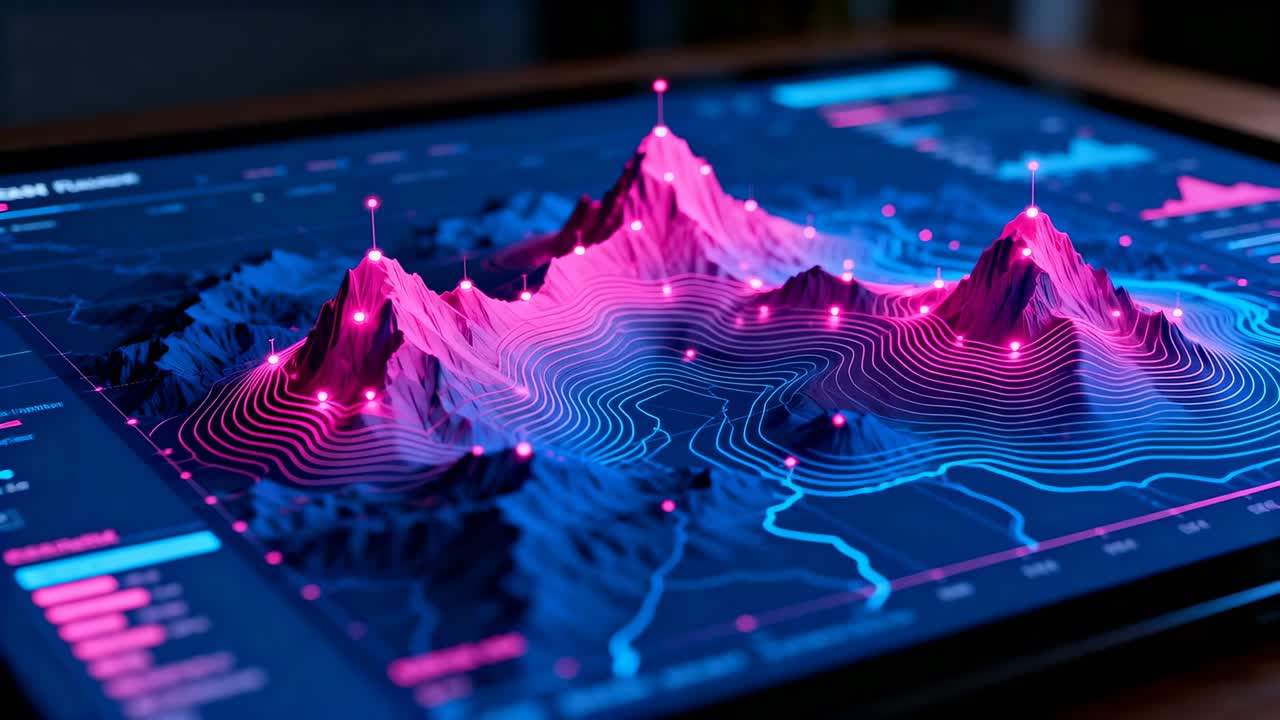 Animating tablet display on dark tabletop, device powering on and pulsing magenta peaks with pins