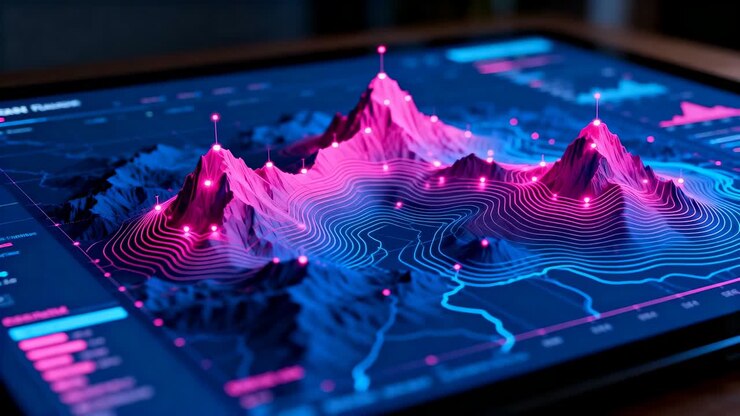 Animating tablet display on dark tabletop, device powering on and pulsing magenta peaks with pins