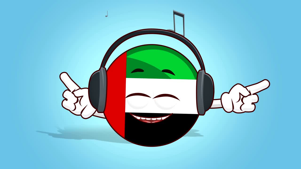 아랍에미리트 연합의 만화 아이콘 발 얼굴 애니메이션 알파 매트와 함께 음악을 듣기