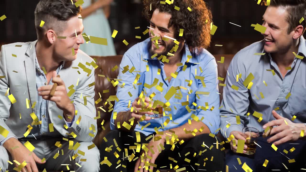 Animation of gold confetti falling over happy diverse group of friends drinking in bar