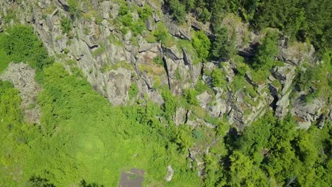 aerial flying with turning the camera view of the foot of a stone mountain with coniferous forest