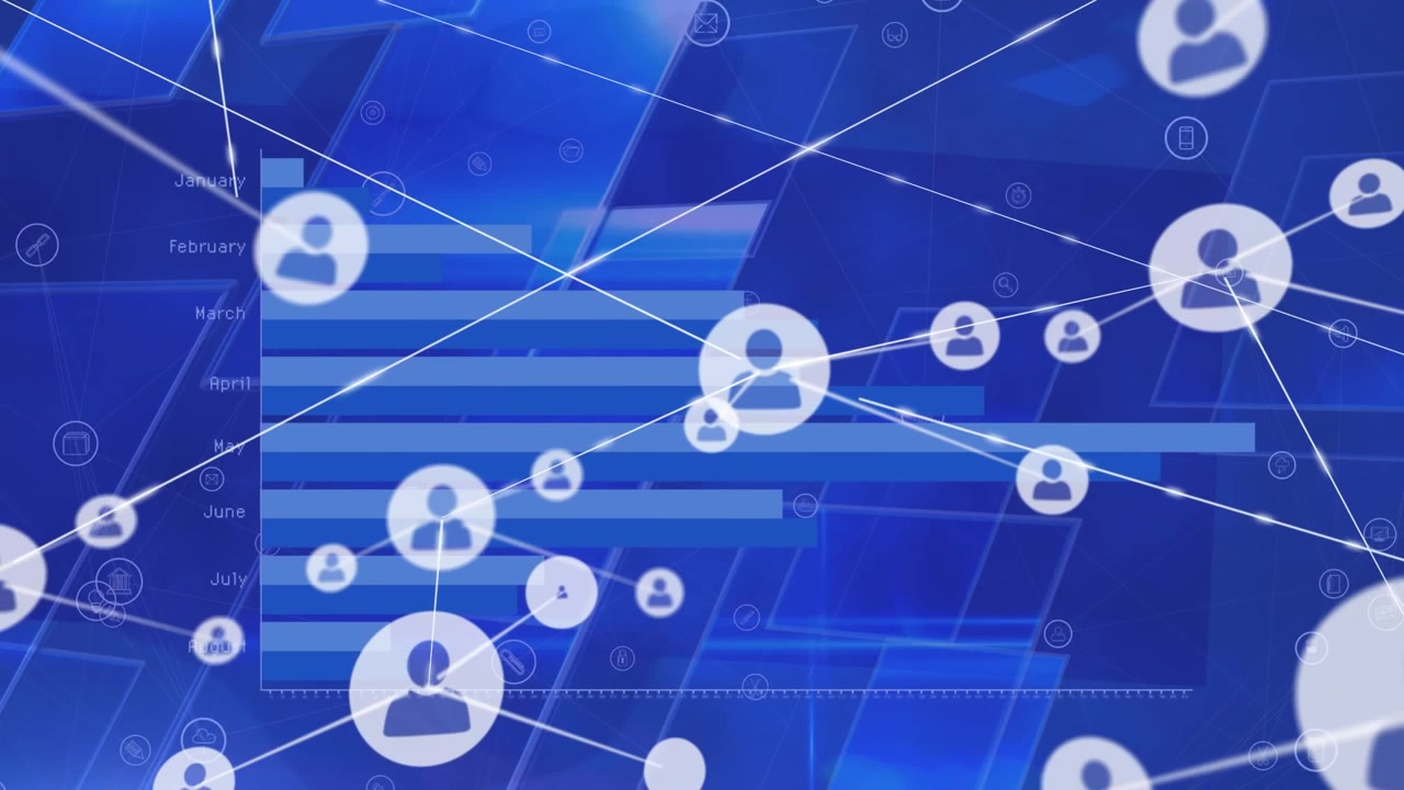 Animation of network of profile icons over statistical data processing against blue background