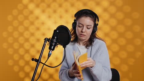 Mujer-Con-Auriculares-Al-Comenzar-El-Trabajo,-Narrando-Un-Libro-Palabra-Por-Palabra.