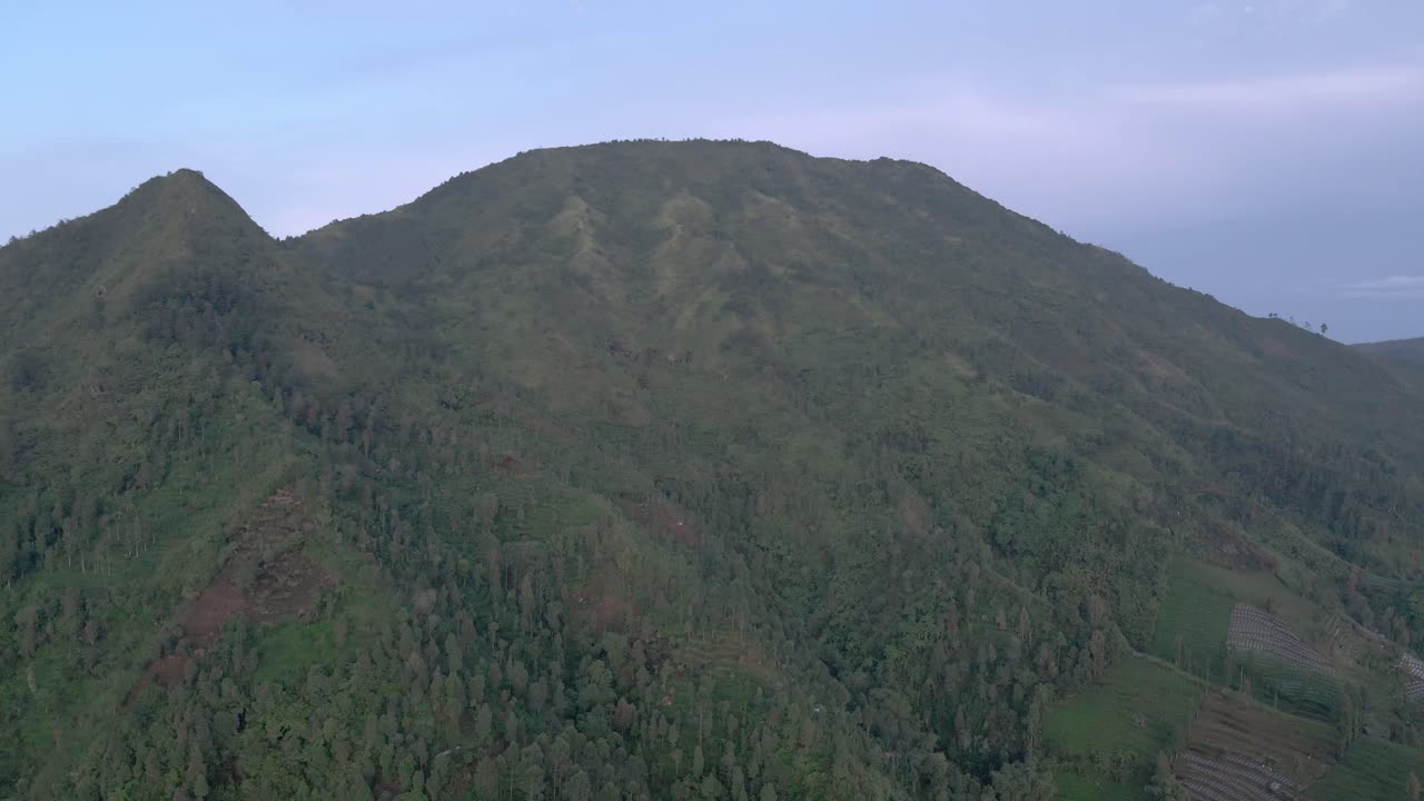 Pemandangan udara lanskap pegunungan hijau dengan hutan di lereng