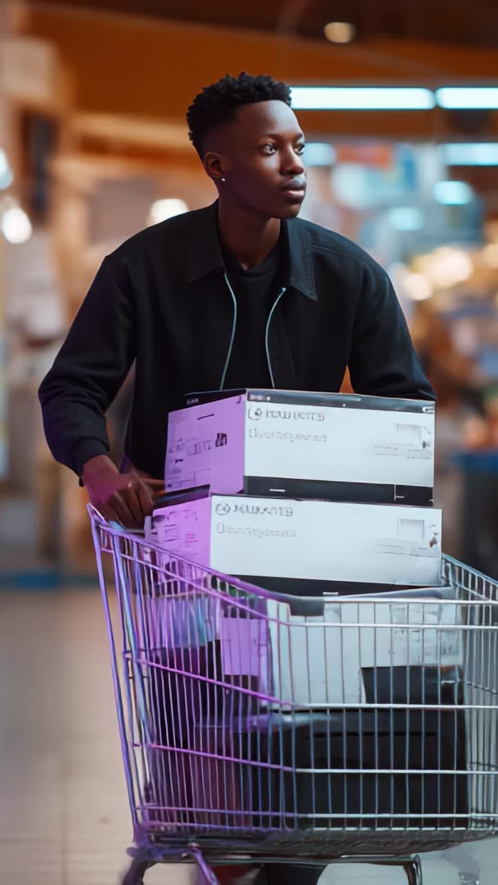 Young man thoughtfully navigates a busy shopping center while pushing a cart filled with boxes, reflecting modern consumer culture in vibrant surroundings