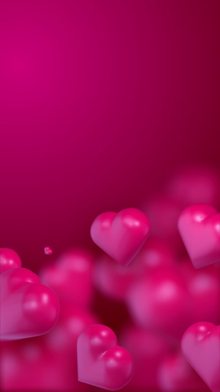 Animated 3D shapes of hearts on a pink gentle romantic background. Place for text. Love looped greeting card screensaver. Vertical video.
