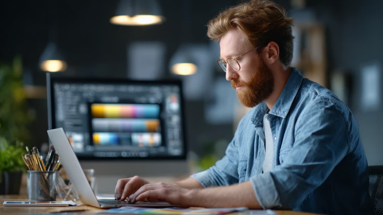Focused Designer Engaging in Creative Work at a Workspace with Colorful Designs on a Computer Screen, Capturing the Essence of Modern Digital Creativity