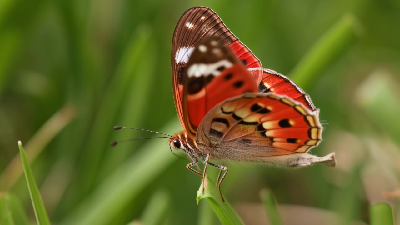 Vista ravvicinata di una farfalla rosso-arancio posata su un sottile filo d'erba, che mostra l'apertura progressiva delle ali, un vivido motivo alare, una texture fine e una luce naturale soffusa in un tranquillo ambiente da giardino con messa a fuoco ridotta.