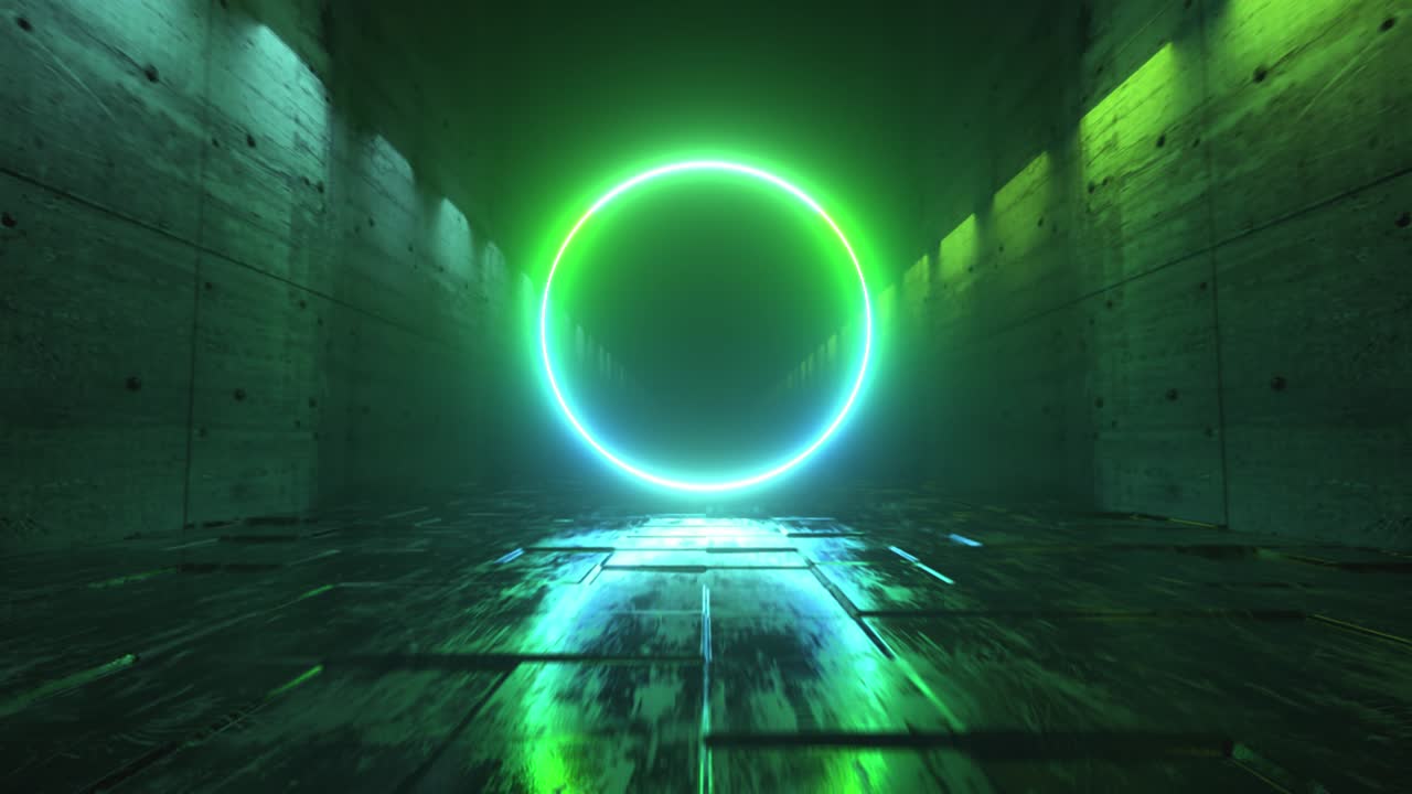 vuelo sin fin en un corredor oscuro futurista con iluminación de neón. un círculo de neón brillante en el frente. bucle sin costuras 3d render