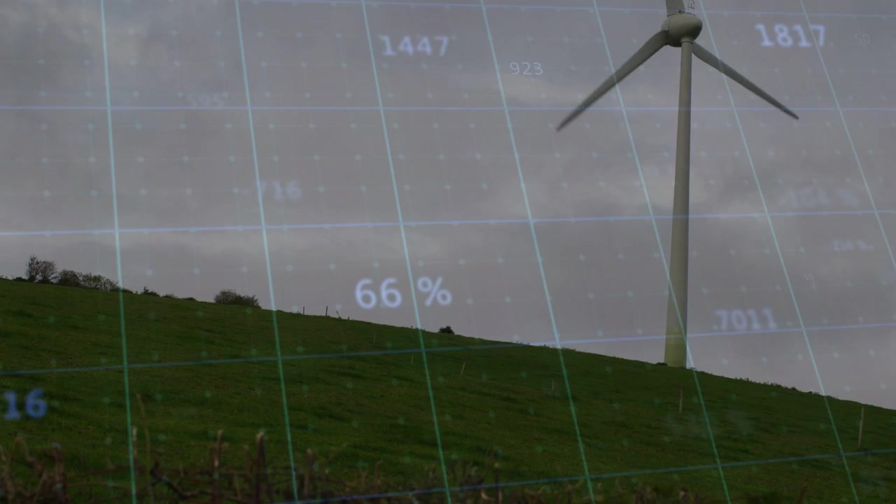 Telecamera che panoramica una singola turbina eolica che ruota su un pendio, con HUD che mostra metriche percentuali che tracciano la produzione di energia