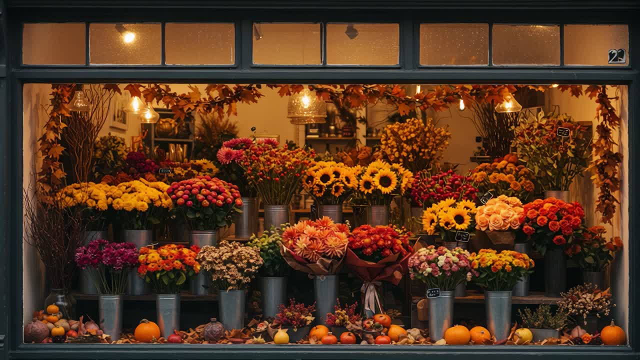 A Vibrant Showcase of Autumn Blooms: A Captivating Flower Shop Window Display Full of Colorful Floral Arrangements and Seasonal Decorations
