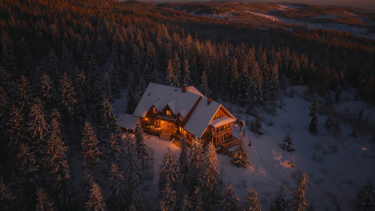 Plan éloigné en plongée d’une cabane en bois illuminée dans les montagnes au crépuscule, révélant une forêt de pins enneigée