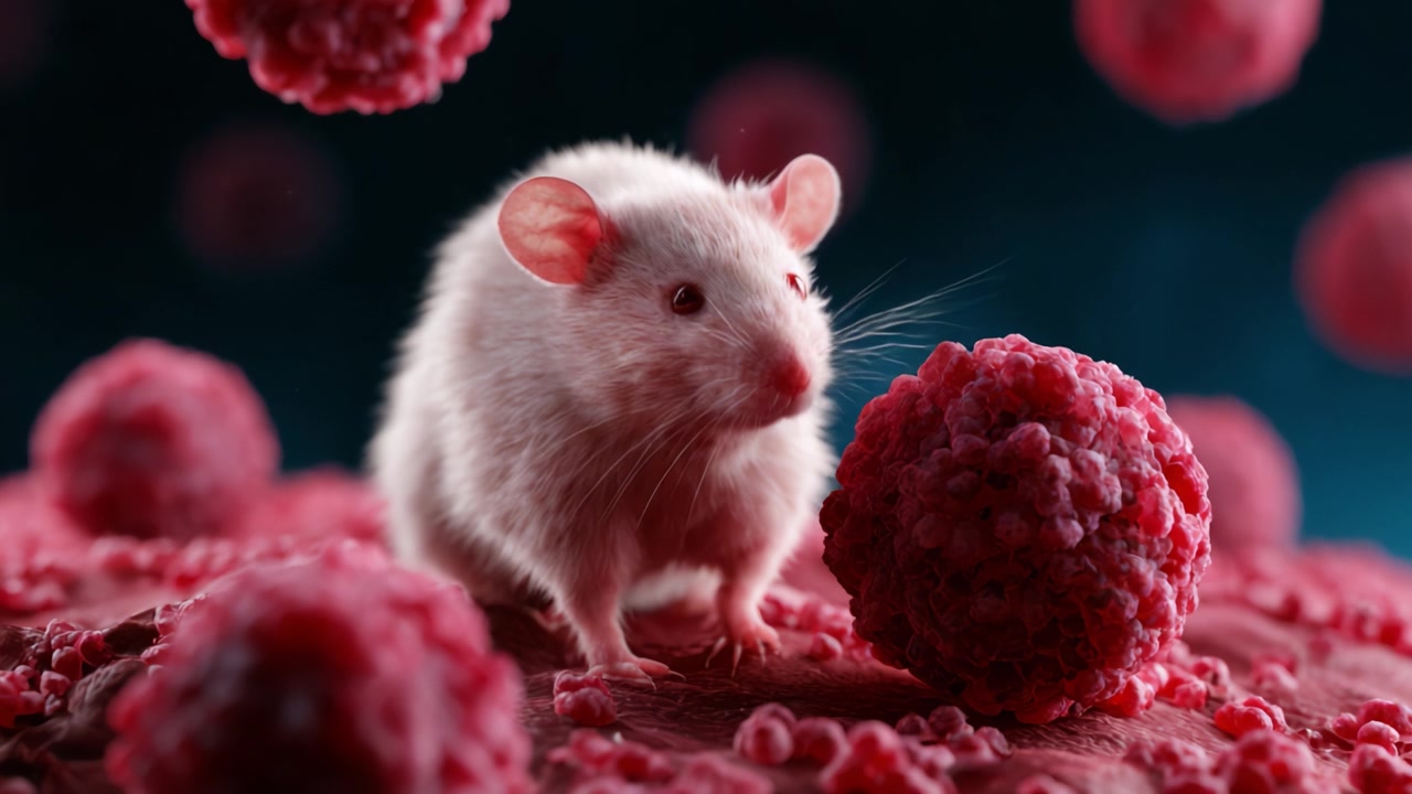 Un'esplorazione ravvicinata di un topo da laboratorio con strutture cellulari vivaci, che illustra la relazione tra i mammiferi e il loro ambiente microscopico.