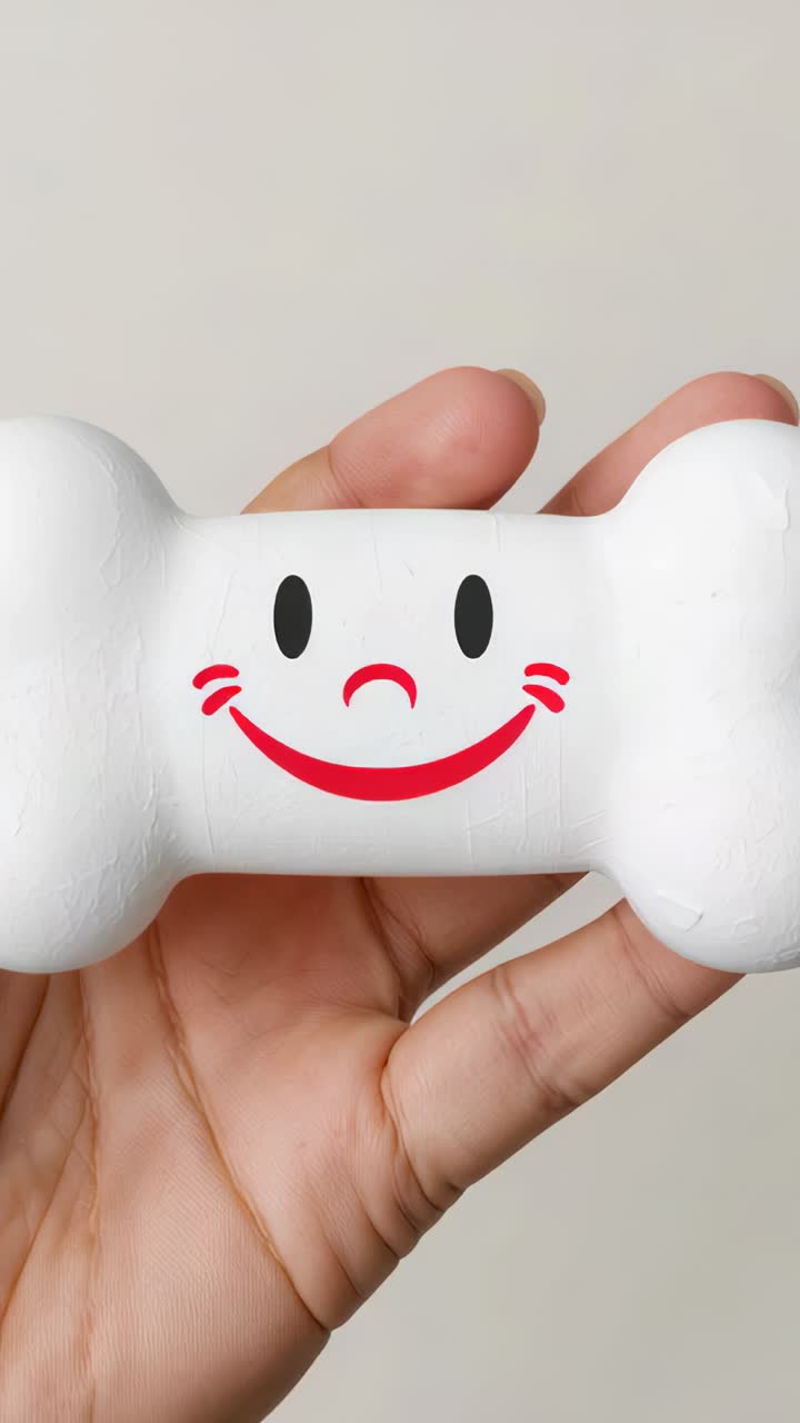 Vertical video: Holding hand shifting grip, pressing white bone squishy toy at home showing squish