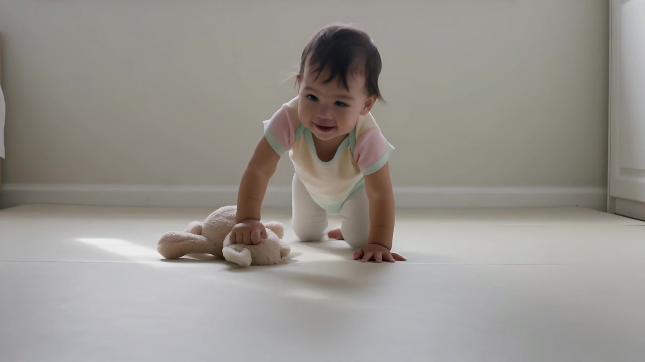 Placing beige rabbit, toddler in pale top crawling pulling sitting on padded mat in nursery playing