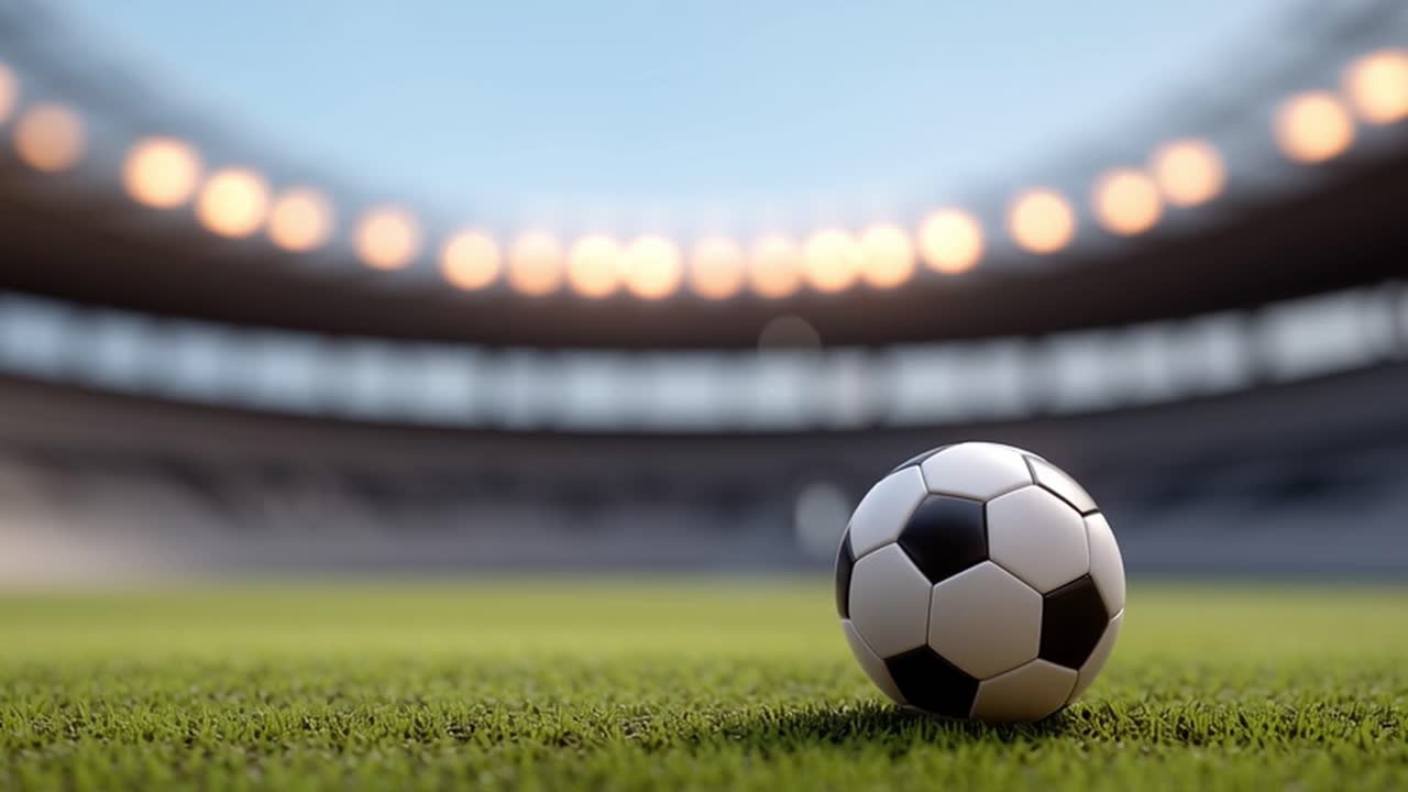 Fodbold på grønt græsfelt på et stadion med slørede lys