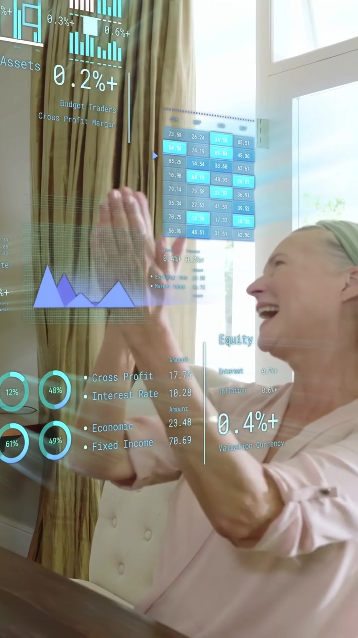 Vertical video: Seated woman reacting to AR finance HUD appearing, showing rising charts, gesturing