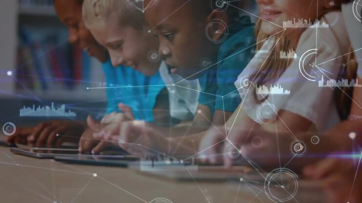 Students tapping tablets creating growing network HUDs linking devices for classroom learning