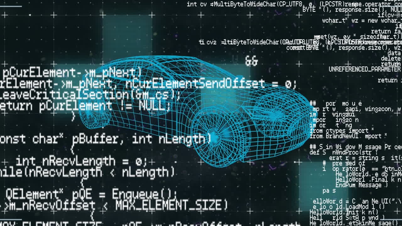 Animation of data processing over grid network against 3d car model on black background