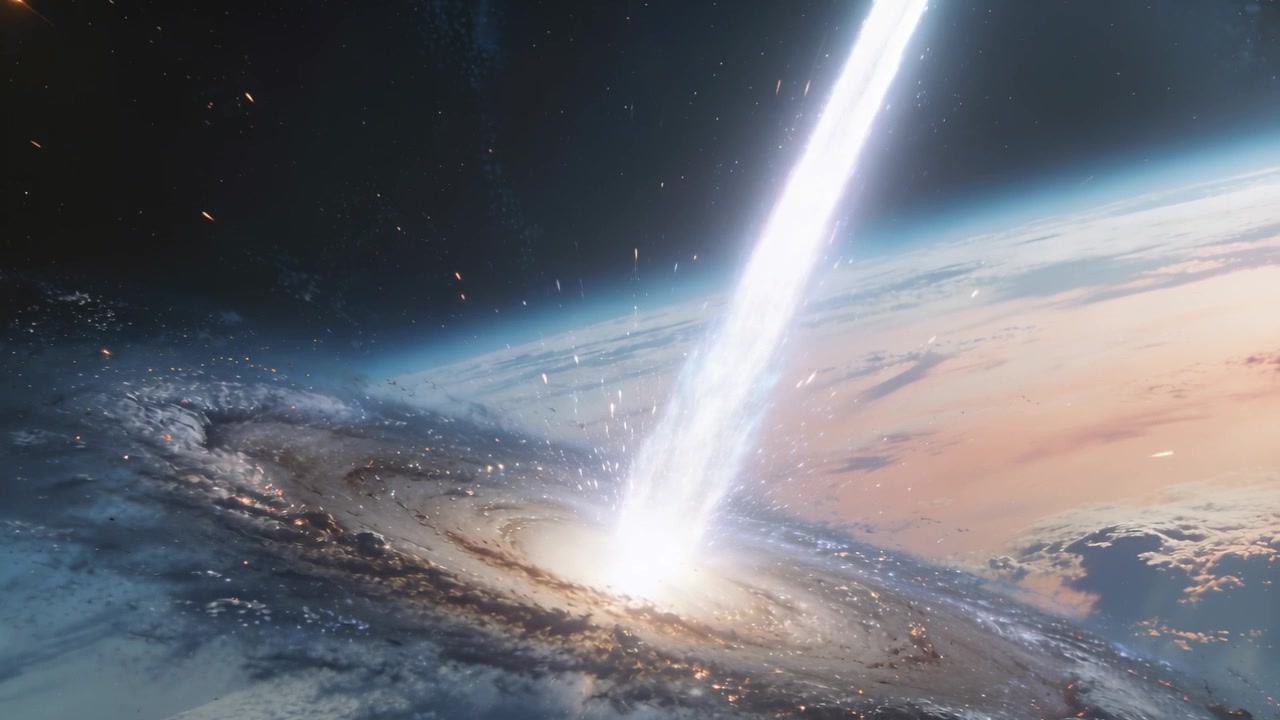 Un raggio di energia si scarica dall'orbita, colpendo la superficie del pianeta, riscaldando un anello a spirale e generando scintille.