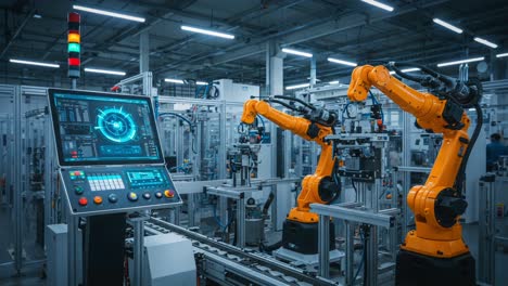 advanced industrial robotics: automated arm manipulators transforming manufacturing processes with precision control and high efficiency in a modern factory environment