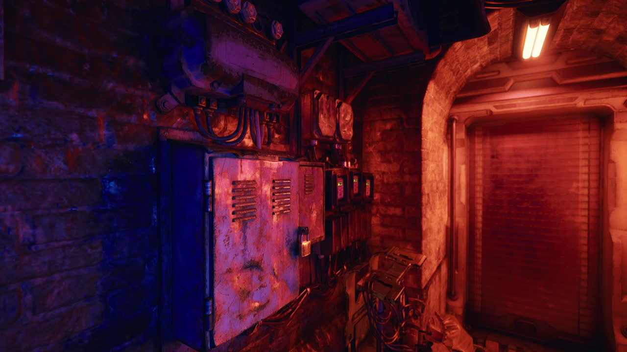 Urban industrial corridor featuring electrical panels and ambient light