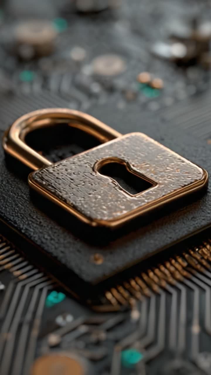 A Close-Up View of a Metallic Lock Positioned on a Circuit Board, Symbolizing Security and Privacy in Digital Technology