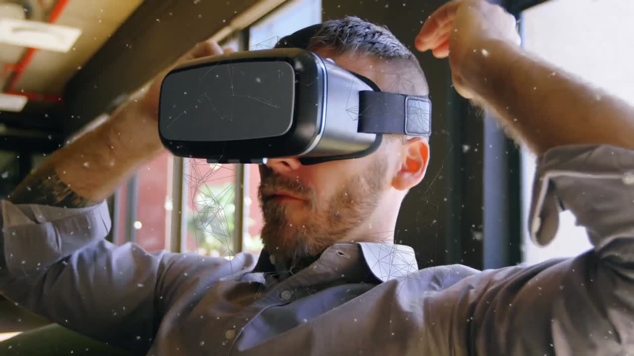 Animation of network of connection over businessman wearing vr headset